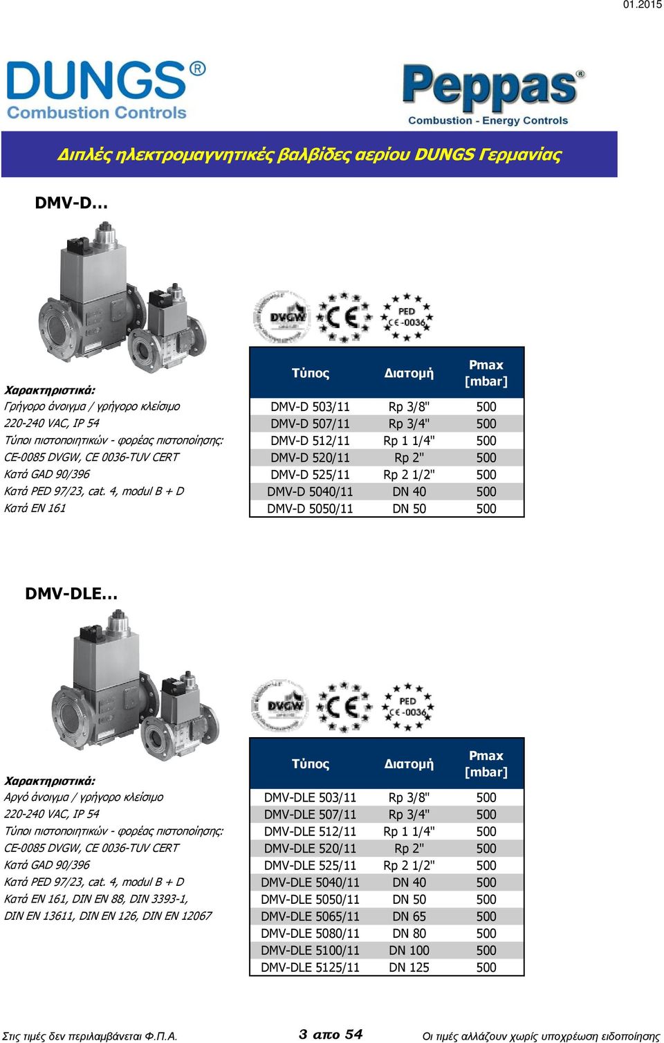 500 DMV-DLE Αργό άνοιγμα / γρήγορο κλείσιμο 220-240 VAC, IP 54 Κατά GAD 90/396 Kατά PED 97/23, cat.