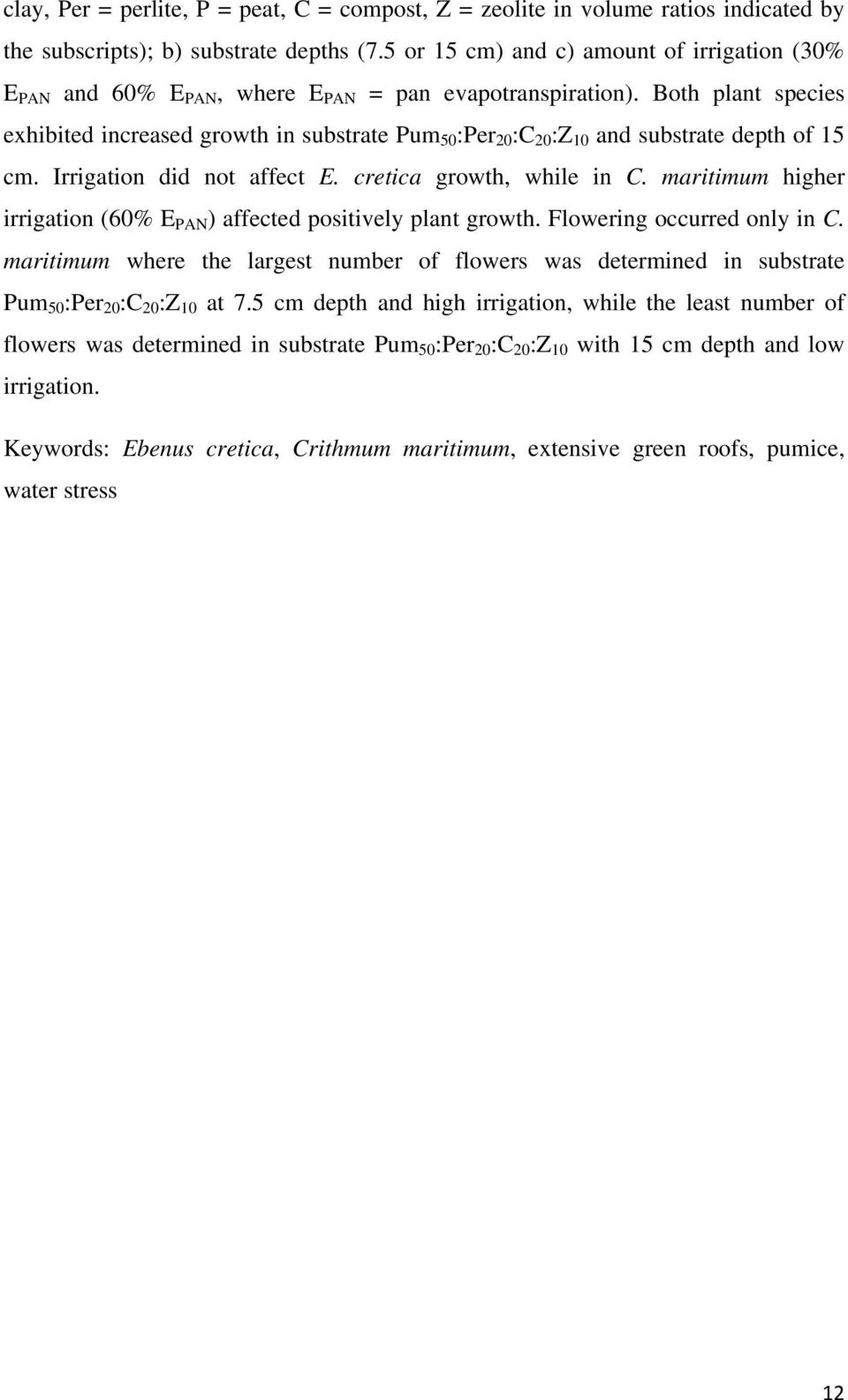 Both plant species exhibited increased growth in substrate Pum 50 :Per 20 :C 20 :Z 10 and substrate depth of 15 cm. Irrigation did not affect E. cretica growth, while in C.