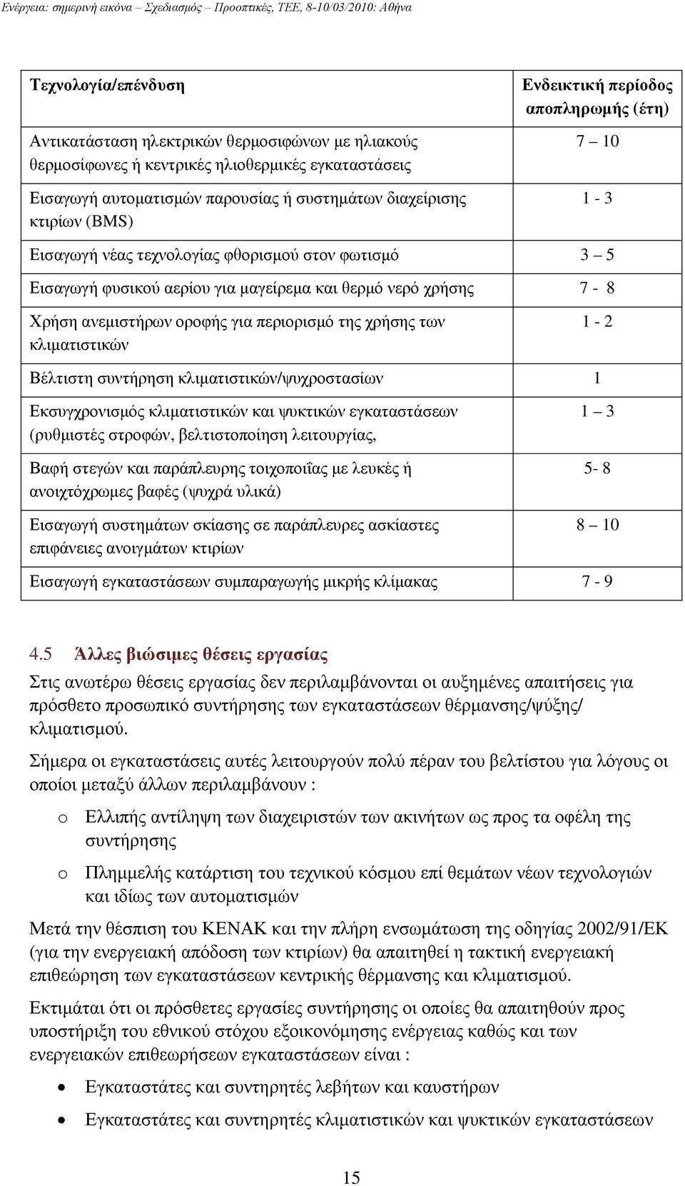 περιορισµό της χρήσης των κλιµατιστικών 1-2 Βέλτιστη συντήρηση κλιµατιστικών/ψυχροστασίων 1 Εκσυγχρονισµός κλιµατιστικών και ψυκτικών εγκαταστάσεων (ρυθµιστές στροφών, βελτιστοποίηση λειτουργίας,