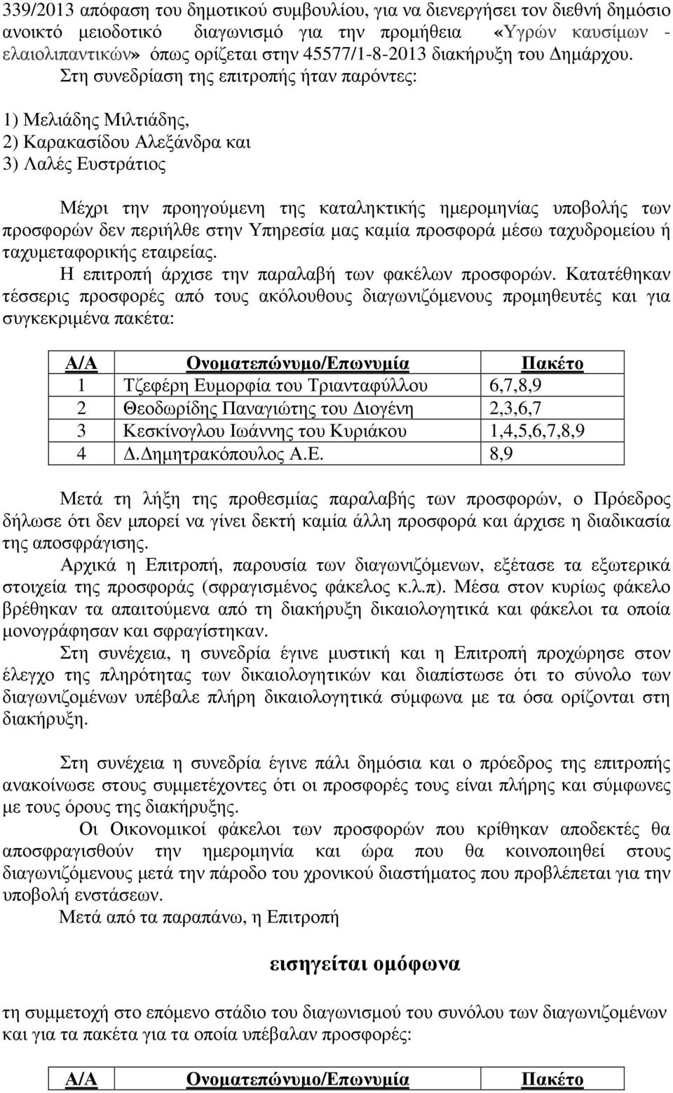 Στη συνεδρίαση της επιτροπής ήταν παρόντες: 1) Μελιάδης Μιλτιάδης, 2) Καρακασίδου Αλεξάνδρα και 3) Λαλές Ευστράτιος Μέχρι την προηγούµενη της καταληκτικής ηµεροµηνίας υποβολής των προσφορών δεν