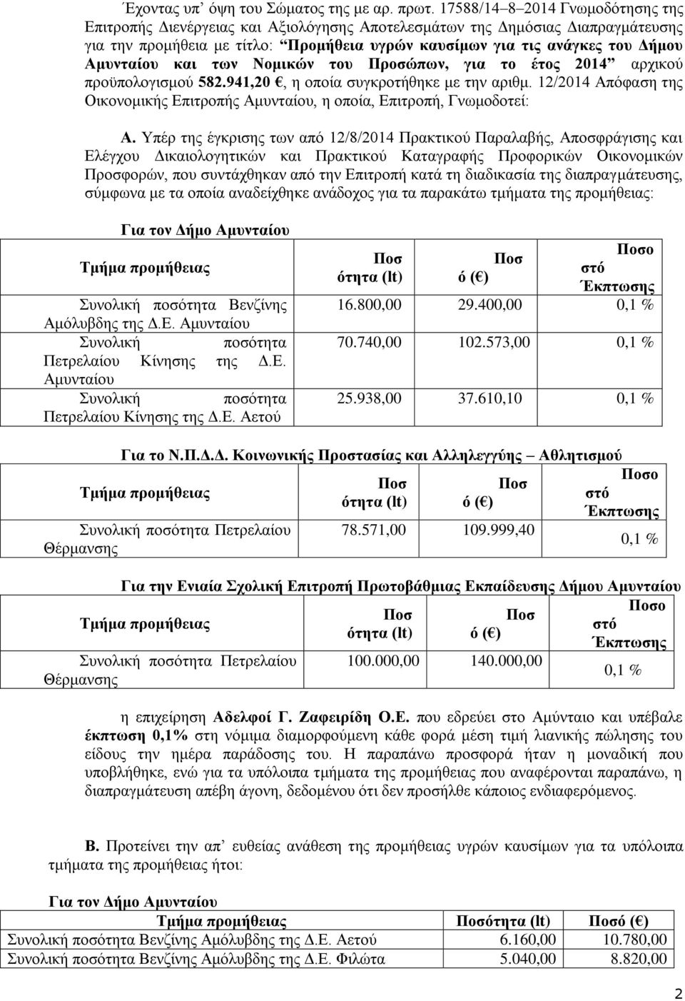 Ακσληαίοσ θαη ηφλ Νοκηθώλ ηοσ Προζώπφλ, γηα ηο έηος 2014 αξρηθνύ πξνϋπνινγηζκνύ 582.941,20, ε νπνία ζπγθξνηήζεθε κε ηελ αξηζκ.