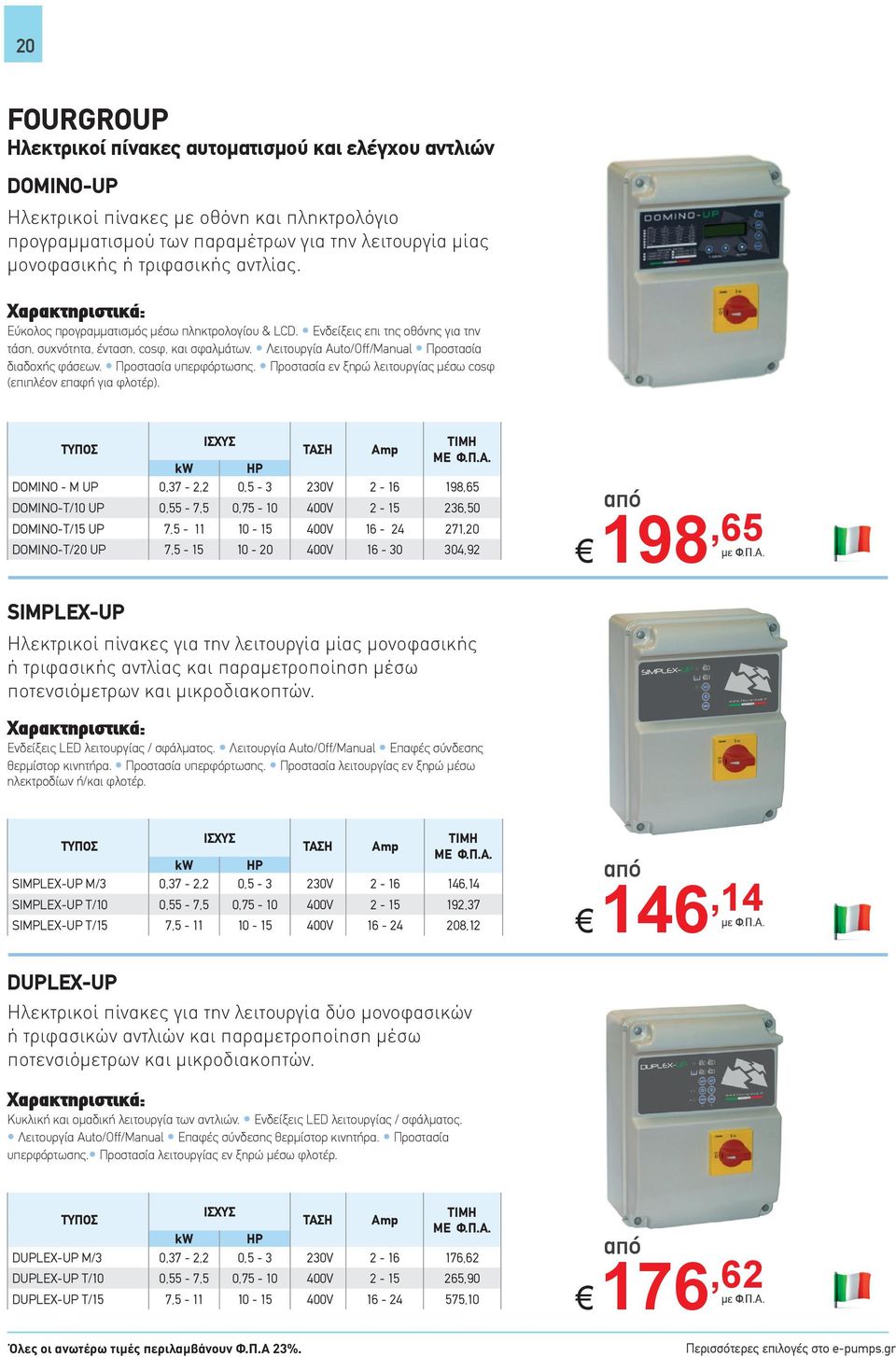 Λειτουργία Auto/Off/Manual Προστασία διαδοχής φάσεων. Προστασία υπερφόρτωσης. Προστασία εν ξηρώ λειτουργίας μέσω cosφ (επιπλέον επαφή για φλοτέρ).