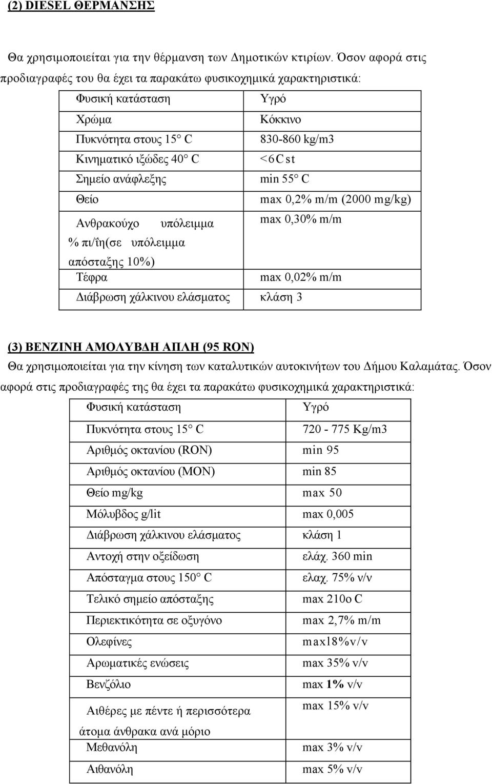 min 55 C Θείο max 0,2% m/m (2000 mg/kg) Ανθρακούχο υπόλειµµα max 0,30% m/m % πι/ΐη(σε υπόλειµµα απόσταξης 10%) Τέφρα max 0,02% m/m ιάβρωση χάλκινου ελάσµατος κλάση 3 (3) ΒΕΝΖΙΝΗ ΑΜΟΛΥΒ Η ΑΠΛΗ (95