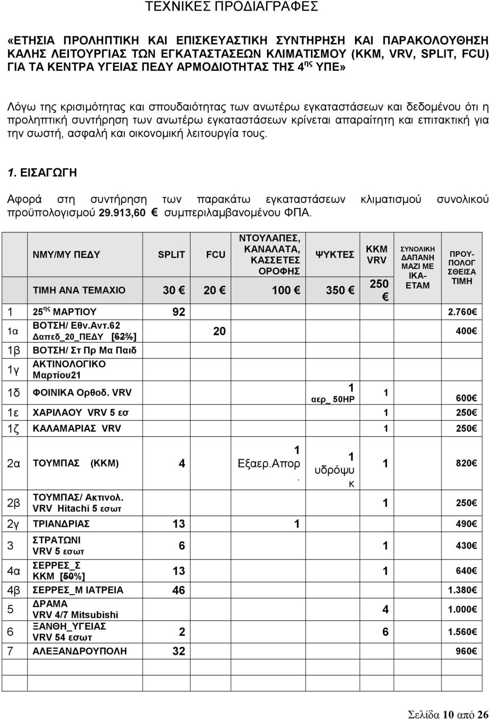 ασφαλή και οικονομική λειτουργία τους. 1. ΕΙΣΑΓΩΓΗ Αφορά στη συντήρηση των παρακάτω εγκαταστάσεων κλιματισμού συνολικού προϋπολογισμού 29.913,60 συμπεριλαμβανομένου ΦΠΑ.