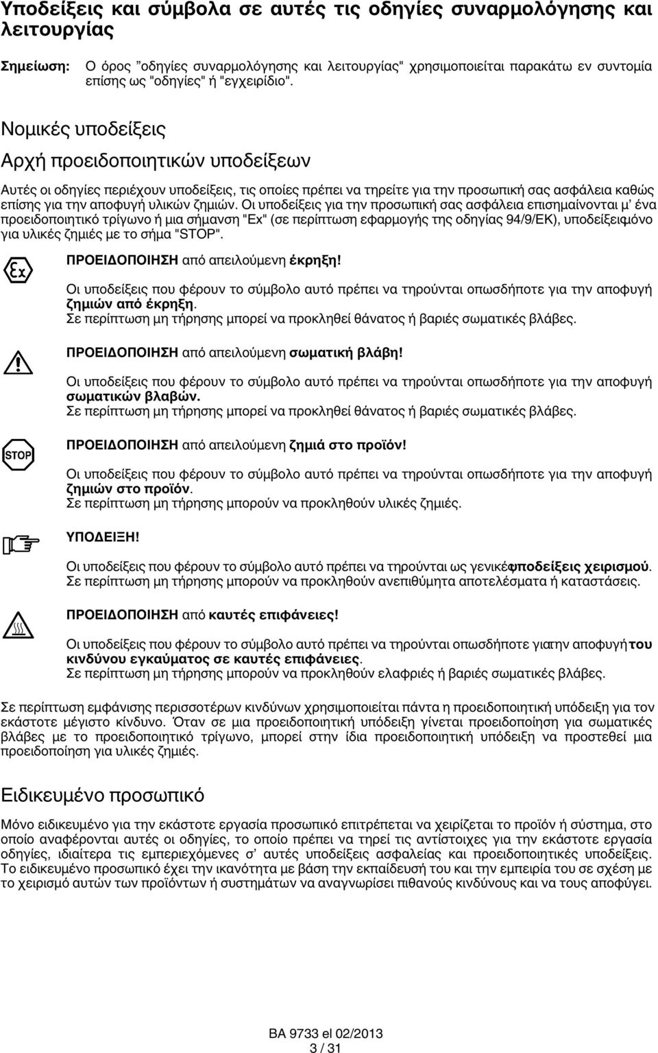 Νομικές υποδείξεις Αρχή προειδοποιητικών υποδείξεων Αυτές οι οδηγίες περιέχουν υποδείξεις, τις οποίες πρέπει να τηρείτε για την προσωπική σας ασφάλεια καθώς επίσης για την αποφυγή υλικών ζημιών.