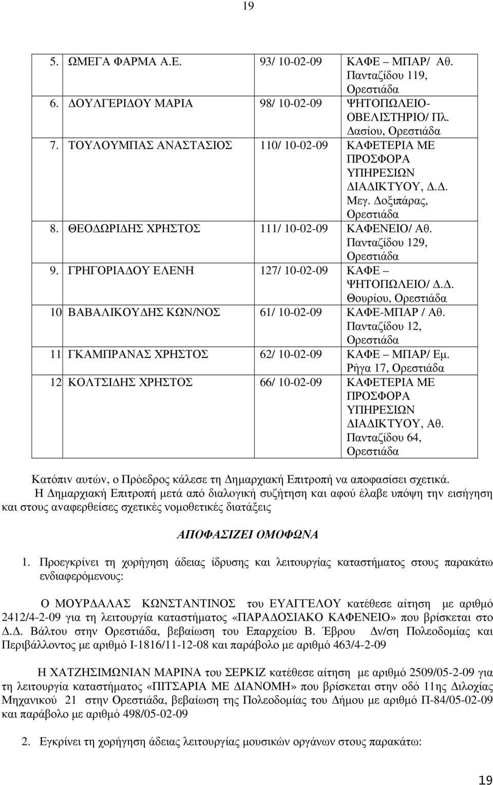 ΓΡΗΓΟΡΙΑ ΟΥ ΕΛΕΝΗ 127/ 10-02-09 ΚΑΦΕ ΨΗΤΟΠΩΛΕΙΟ/.. Θουρίου, 10.ΒΑΒΑΛΙΚΟΥ ΗΣ ΚΩΝ/ΝΟΣ 61/ 10-02-09 ΚΑΦΕ-ΜΠΑΡ / Αθ. Πανταζίδου 12, 11.ΓΚΑΜΠΡΑΝΑΣ ΧΡΗΣΤΟΣ 62/ 10-02-09 ΚΑΦΕ ΜΠΑΡ/ Εµ. Ρήγα 17, 12.