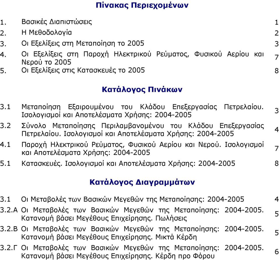 2 Σύνολο Μεταποίησης Περιλαµβανοµένου του Κλάδου Επεξεργασίας Πετρελαίου. Ισολογισµοί και Αποτελέσµατα Χρήσης: 2004-2005 4 4.1 Παροχή Ηλεκτρικού Ρεύµατος, Φυσικού Αερίου και Νερού.