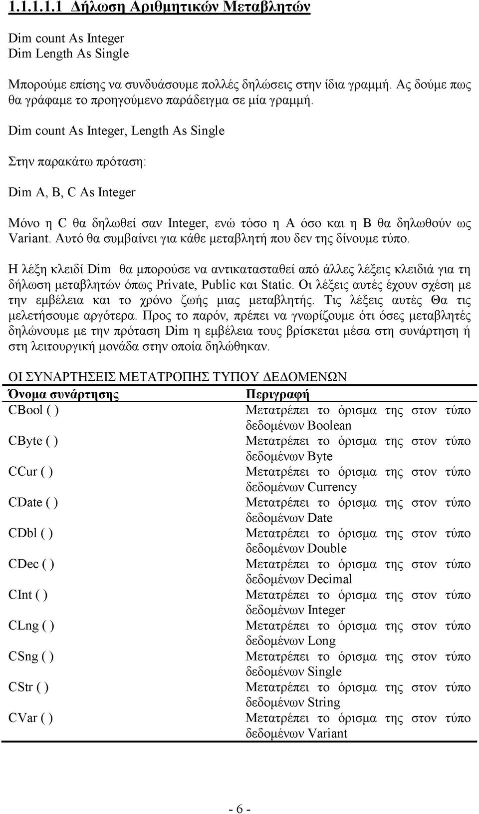 Dim count As Integer, Length As Single Στην παρακάτω πρόταση: Dim A, B, C As Integer Μόνο η C θα δηλωθεί σαν Integer, ενώ τόσο η Α όσο και η Β θα δηλωθούν ως Variant.