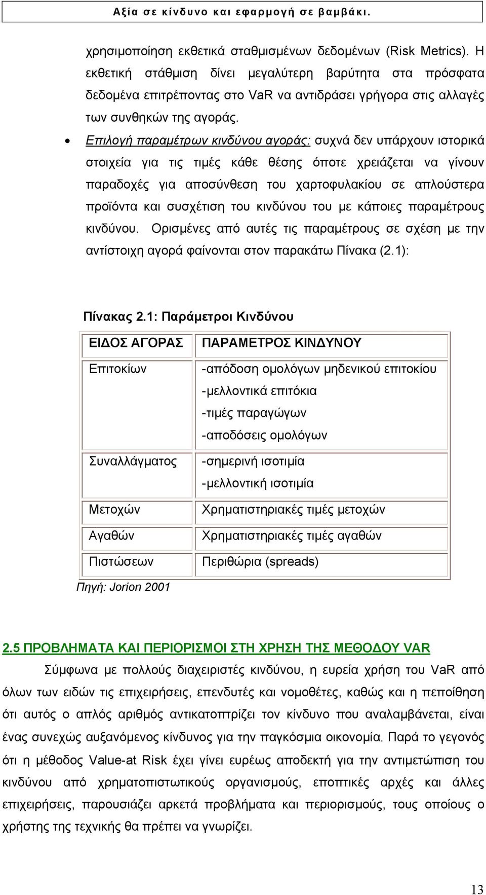 Επιλογή παραµέτρων κινδύνου αγοράς: συχνά δεν υπάρχουν ιστορικά στοιχεία για τις τιµές κάθε θέσης όποτε χρειάζεται να γίνουν παραδοχές για αποσύνθεση του χαρτοφυλακίου σε απλούστερα προϊόντα και