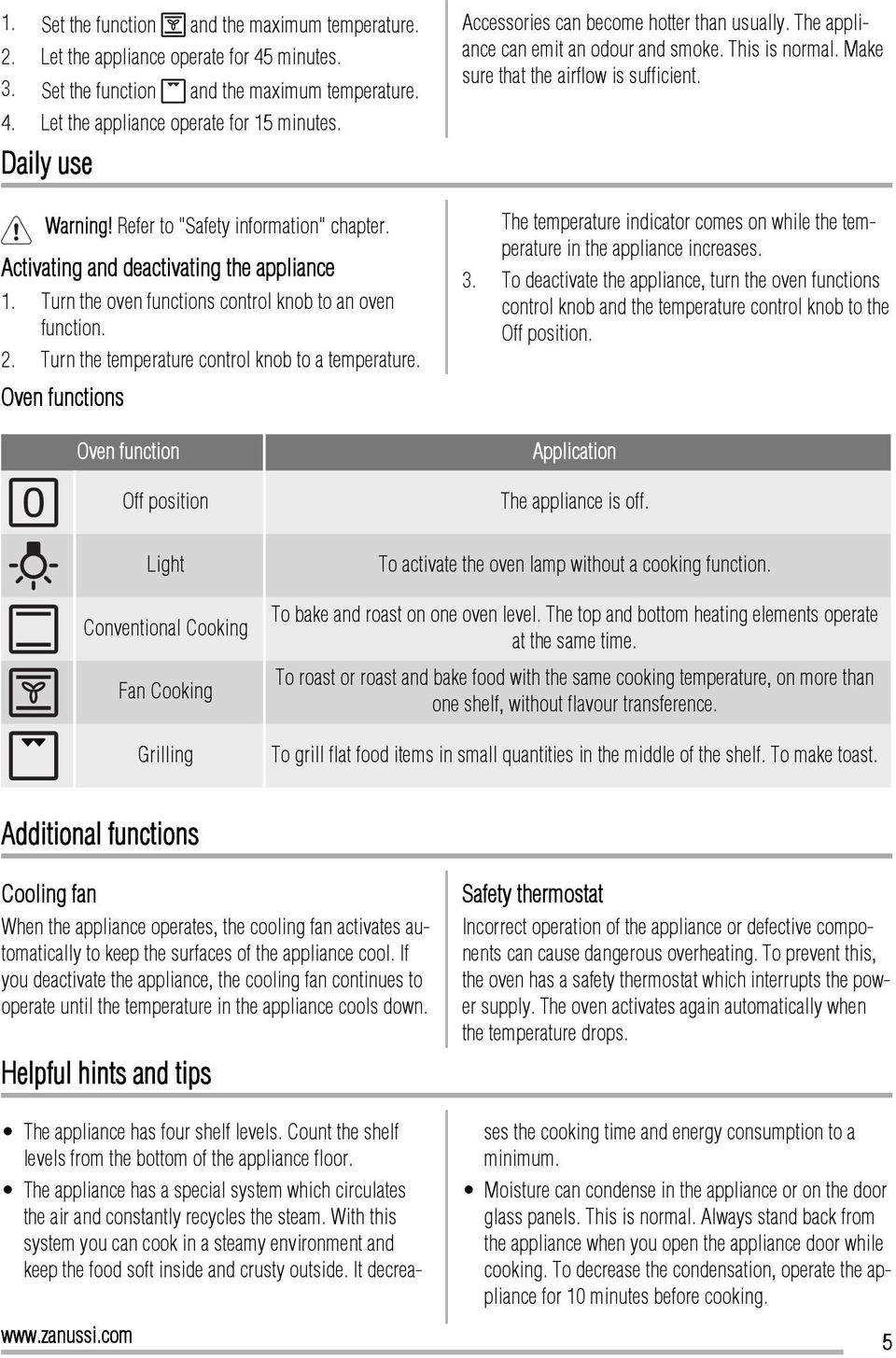 Turn the temperature control knob to a temperature. Oven functions Oven function Off position Accessories can become hotter than usually. The appliance can emit an odour and smoke. This is normal.