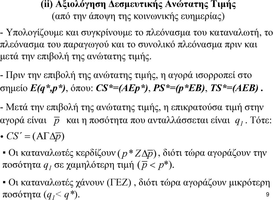 - Πριν την επιβολή της ανώτατης τιμής, η αγορά ισορροπεί στο σημείο Ε(q*,p*), όπου: CS*=(AEp*), PS*=(p*EB), TS*=(AEB).