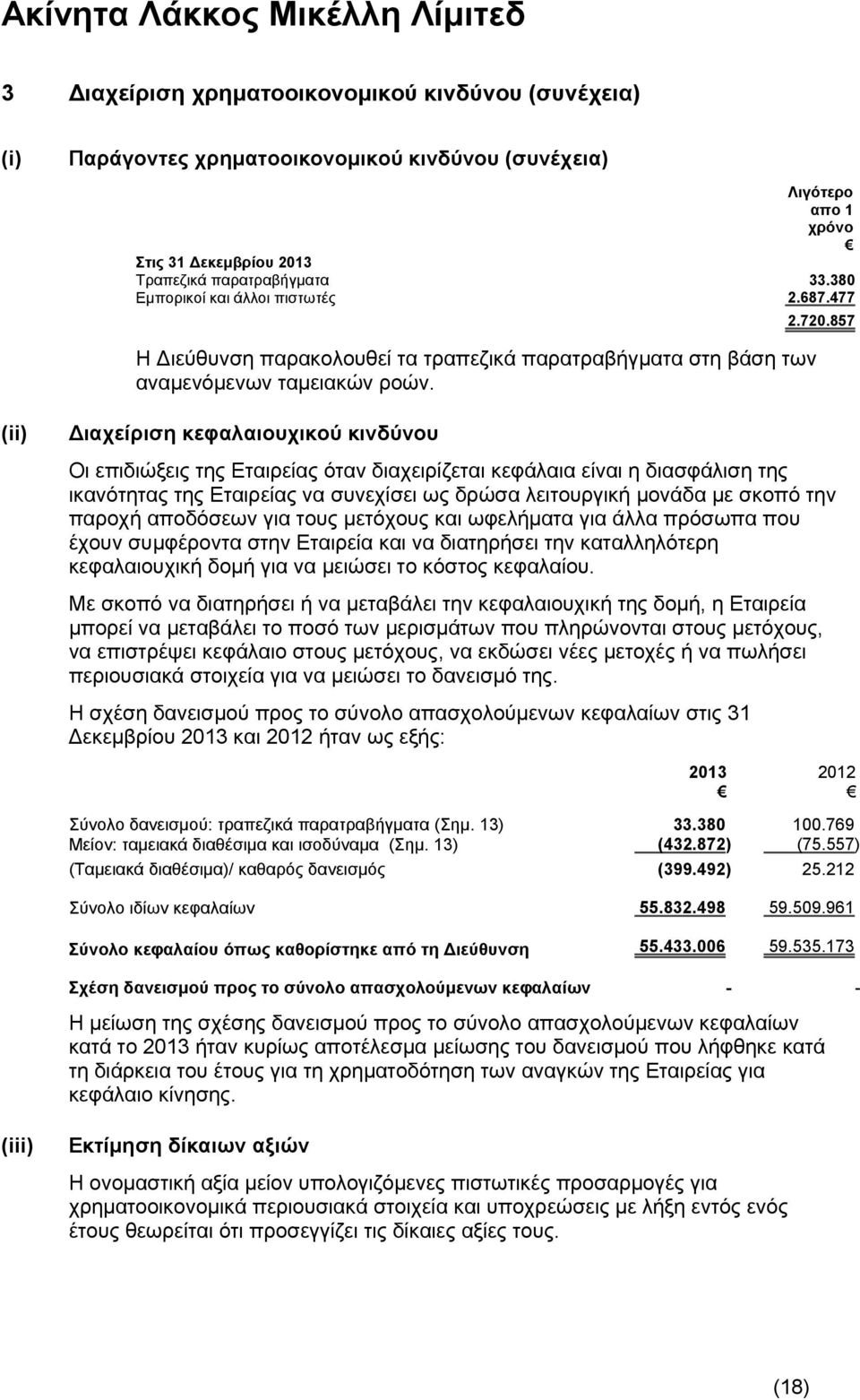 (ii) Διαχείριση κεφαλαιουχικού κινδύνου Οι επιδιώξεις της Εταιρείας όταν διαχειρίζεται κεφάλαια είναι η διασφάλιση της ικανότητας της Εταιρείας να συνεχίσει ως δρώσα λειτουργική μονάδα με σκοπό την
