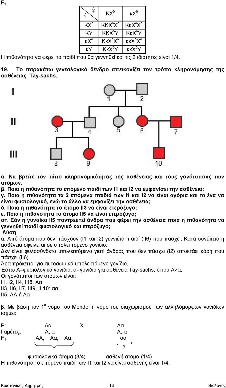 Ποια η πιθανότητα τα 2 επόμενα παιδιά των I1 και I2 να είναι αγόρια και το ένα να είναι φυσιολογικό, ενώ το άλλο να εμφανίζει την ασθένεια; δ. Ποια η πιθανότητα το άτομο II3 να είναι ετερόζυγο; ε.