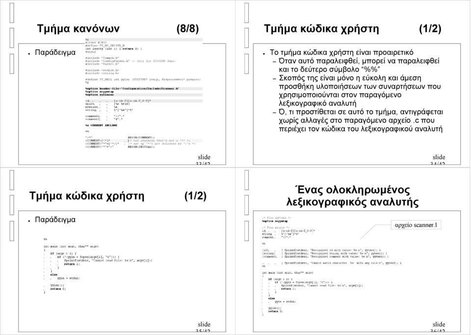 στον παραγόμενο λεξικογραφικό αναλυτή Ό, τι προστίθεται σε αυτό το τμήμα, αντιγράφεται χωρίς αλλαγές στο παραγόμενο αρχείο.