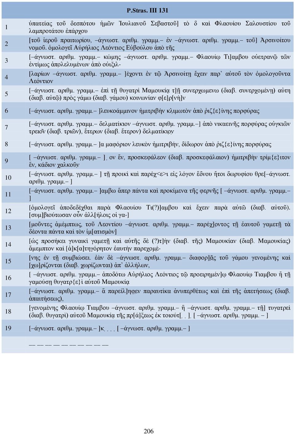 αριθμ. γραμμ. ἐπὶ τῇ θυγατρὶ Μαμουκίᾳ τ]ῇ συνερχωμενω (διαβ. συνερχομένῃ) αὐτη (διαβ. αὐτῷ) πρὸς γάμω (διαβ. γάμου) κοινωνίαν φ[ε]ρ[νὴ]ν 6 [ άγνωστ. αριθμ. γραμμ. ]λευκοάμμινον ἡμιτριβὴν κλι μωτὸν ἀπὸ ῥιζ{ε}ίνης πορφύρας 7 [ άγνωστ.