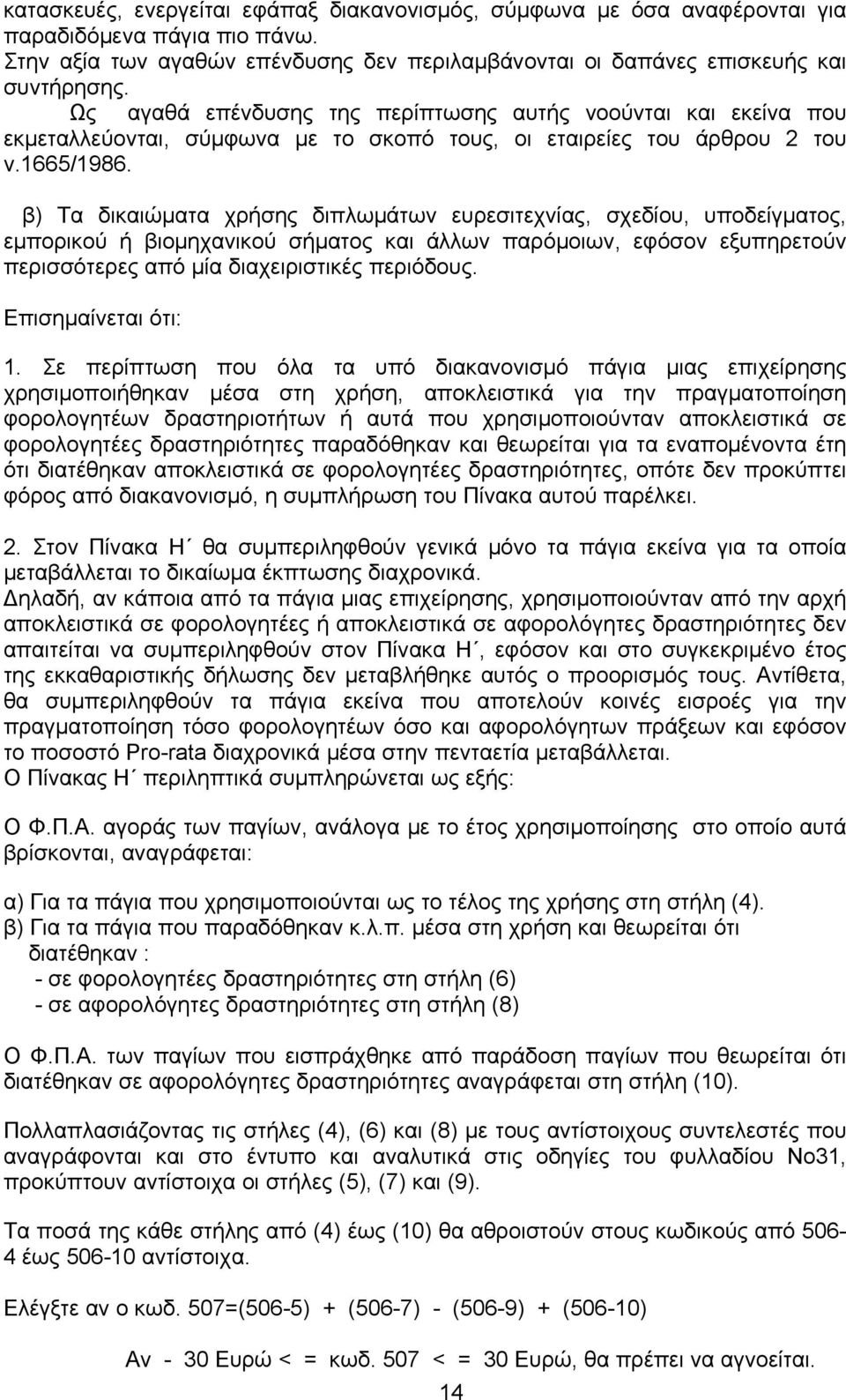 β) Τα δικαιώματα χρήσης διπλωμάτων ευρεσιτεχνίας, σχεδίου, υποδείγματος, εμπορικού ή βιομηχανικού σήματος και άλλων παρόμοιων, εφόσον εξυπηρετούν περισσότερες από μία διαχειριστικές περιόδους.