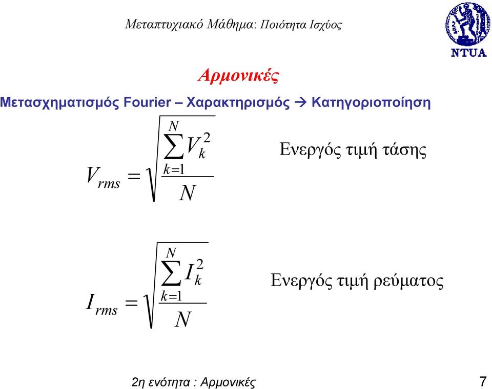 = V N 2 k Ενεργός τιμή τάσης I rms N k= 1 =