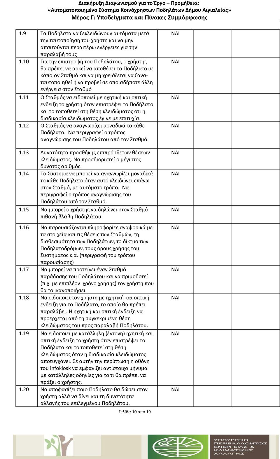 Σταθμό 1.11 Ο Σταθμός να ειδοποιεί με ηχητική και οπτική ένδειξη το χρήστη όταν επιστρέφει το Ποδήλατο και το τοποθετεί στη θέση κλειδώματος ότι η διαδικασία κλειδώματος έγινε με επιτυχία. 1.12 Ο Σταθμός να αναγνωρίζει μοναδικά το κάθε Ποδήλατο.