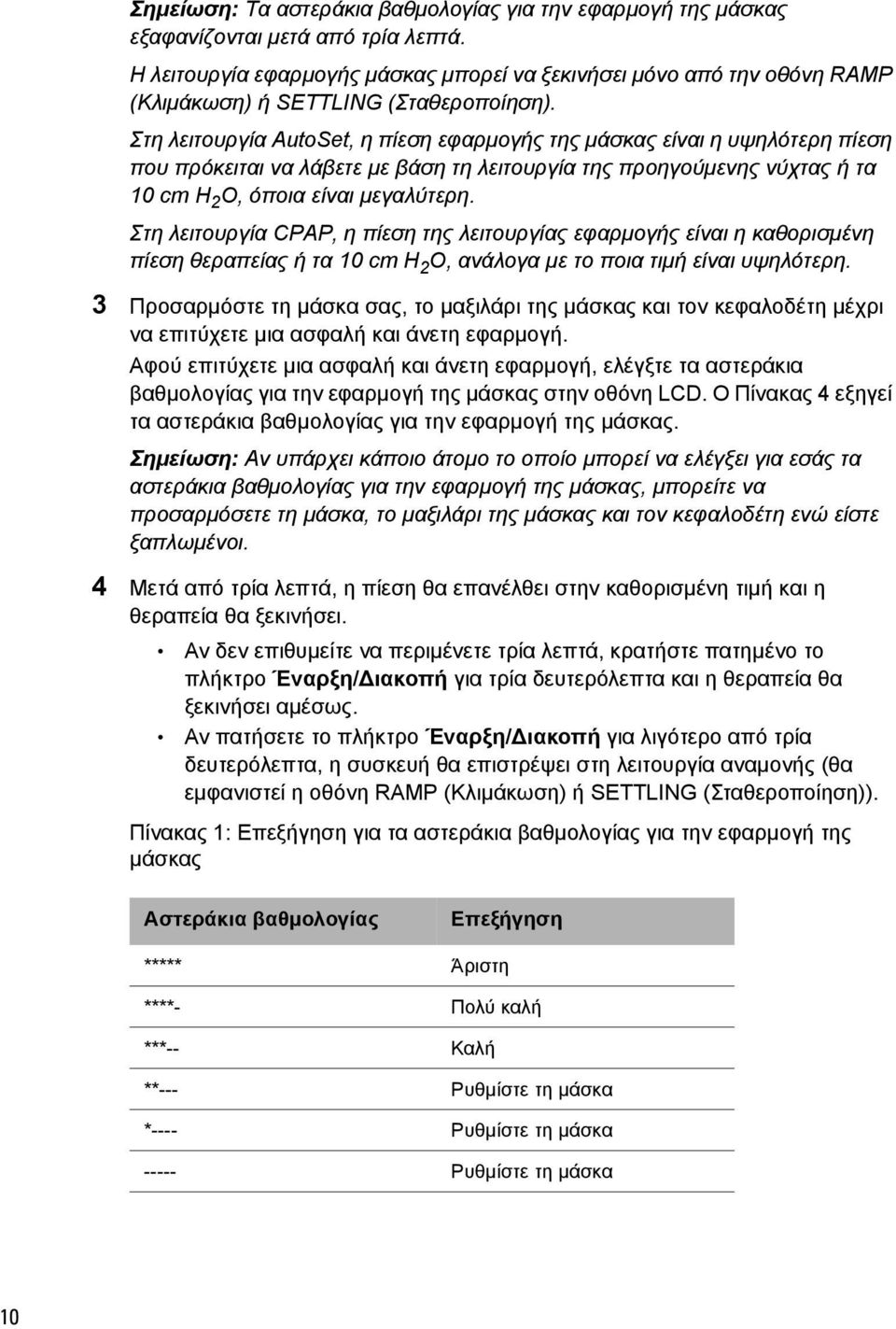 Στη λειτουργία AutoSet, η πίεση εφαρμογής της μάσκας είναι η υψηλότερη πίεση που πρόκειται να λάβετε με βάση τη λειτουργία της προηγούμενης νύχτας ή τα 10 cm H 2 O, όποια είναι μεγαλύτερη.