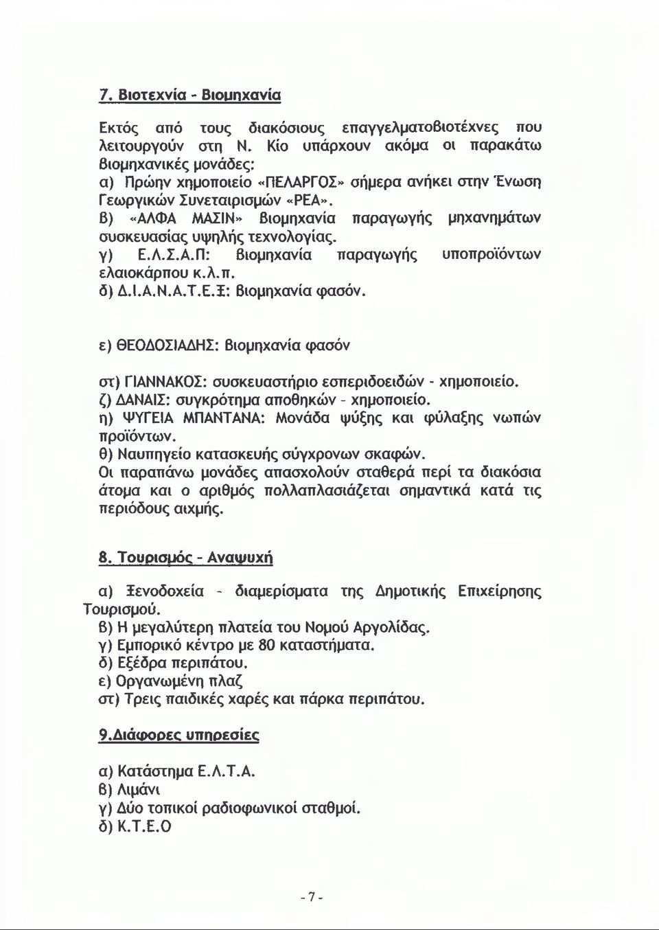 β) «ΑΛΦΑ ΜΑΣΙΝ» Βιομηχανία παραγωγής μηχανημάτων συσκευασίας υψηλής τεχνολογίας. γ) Ε.Λ.Σ.Α.Π: βιομηχανία παραγωγής υποπροϊόντων ελαιοκάρπου κ.λ.π. δ) Δ.Ι.Α.Ν.Α.Τ.Ε.Ξ: βιομηχανία φασόν.