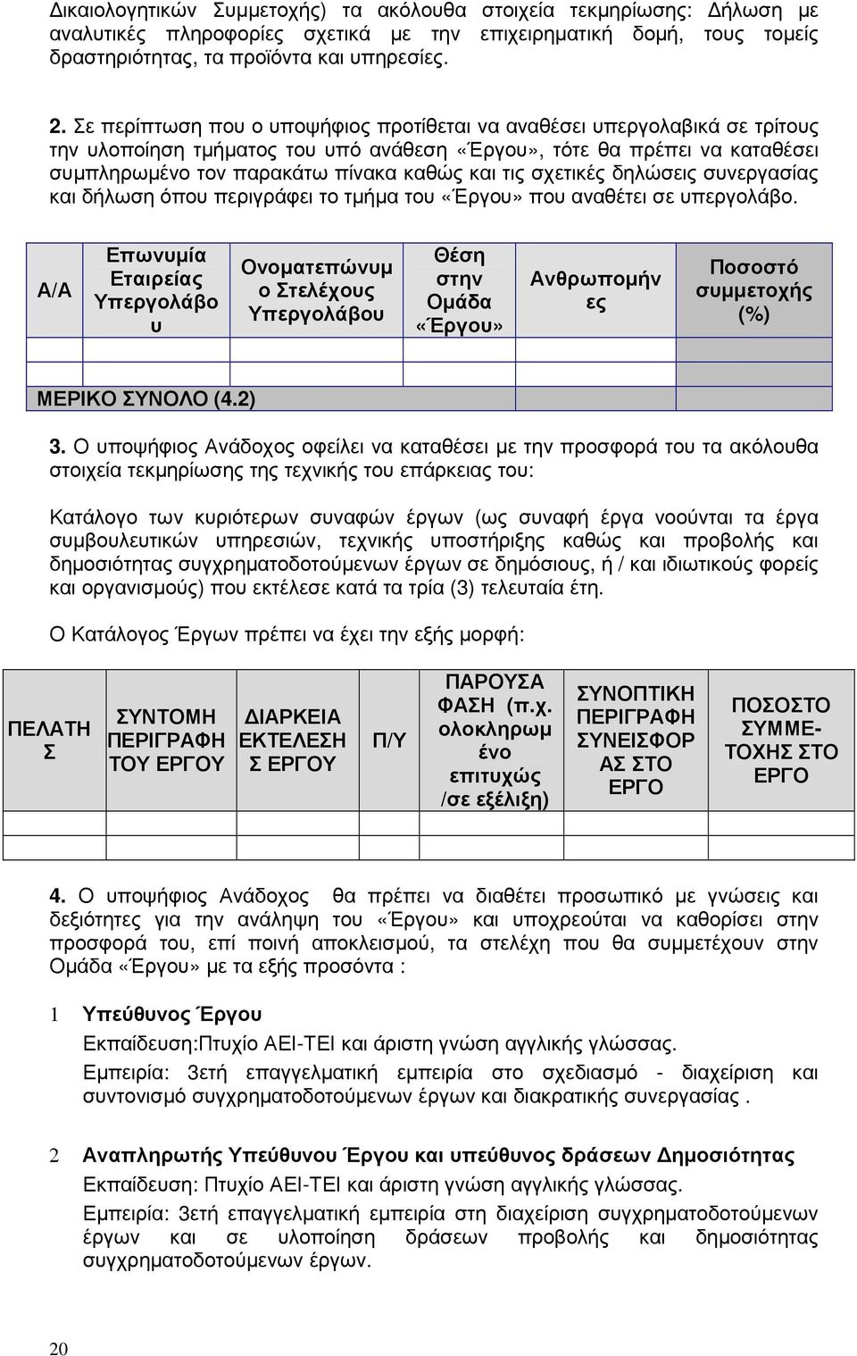 σχετικές δηλώσεις συνεργασίας και δήλωση όπου περιγράφει το τµήµα του «Έργου» που αναθέτει σε υπεργολάβο.