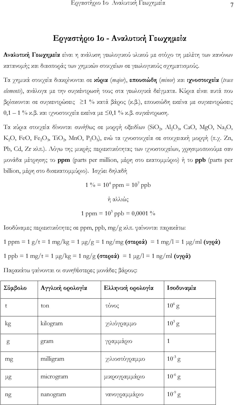 Κύρια είναι αυτά που βρίσκονται σε συγκεντρώσεις 1 % κατά βάρος (κ.β.), επουσιώδη εκείνα με συγκεντρώσεις 0,1 1 % κ.β. και ιχνοστοιχεία εκείνα με 0,1 % κ.β. συγκέντρωση.