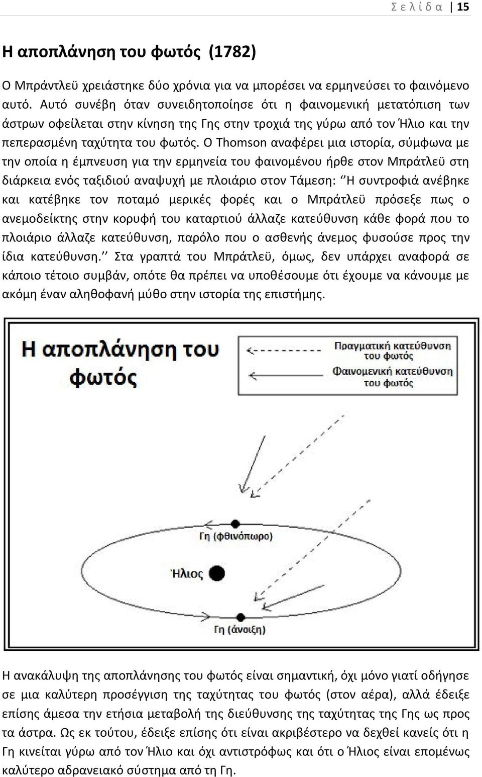 Ο Thomson αναφέρει µια ιστορία, σύµφωνα µε την οποία η έµπνευση για την ερµηνεία του φαινοµένου ήρθε στον Μπράτλεϋ στη διάρκεια ενός ταξιδιού αναψυχή µε πλοιάριο στον Τάµεση: Η συντροφιά ανέβηκε και