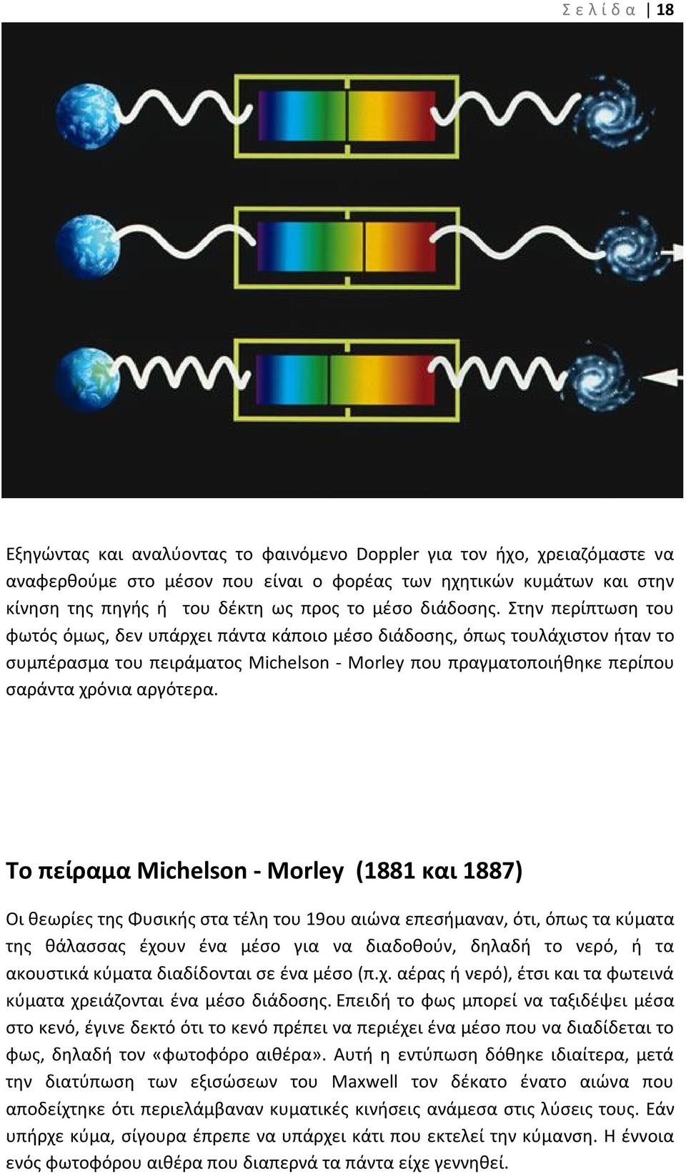 Στην περίπτωση του φωτός όμως, δεν υπάρχει πάντα κάποιο μέσο διάδοσης, όπως τουλάχιστον ήταν το συμπέρασμα του πειράµατος Michelson - Morley που πραγματοποιήθηκε περίπου σαράντα χρόνια αργότερα.