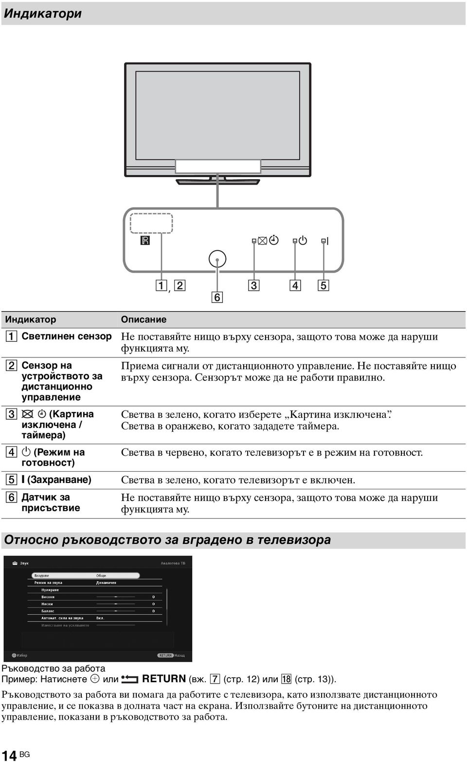 Сензорът може да не работи правилно. Светва в зелено, когато изберете Картина изключена. Светва в оранжево, когато зададете таймера. Светва в червено, когато телевизорът е в режим на готовност.