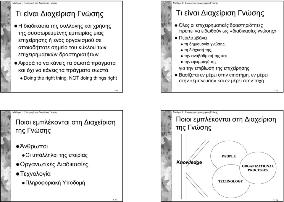 «διαδικασίες γνώσης» Περιλαμβάνει: τη δημιουργία γνώσης, τη διάχυσή της, την αναβάθμισή της και την εφαρμογή της για την επιβίωση της επιχείρησης Βασίζεται εν μέρει στην επιστήμη, εν μέρει στην