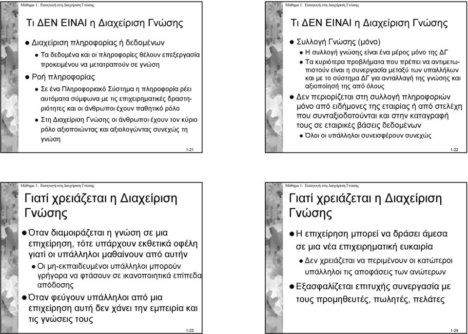 τη γνώση 1-21 Τι ΕΝ ΕΙΝΑΙ η ιαχείριση Γνώσης Συλλογή Γνώσης (μόνο) Η συλλογή γνώσης είναι ένα μέρος μόνο της Γ Τα κυριότερα προβλήματα που πρέπει να αντιμετωπιστούν είναι η συνεργασία μεταξύ των