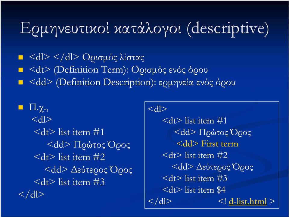 , <dl> <dt> list item #1 <dd> Πρώτος Όρος <dt> list item #2 <dd> εύτερος Όρος <dt> list item #3 </dl>