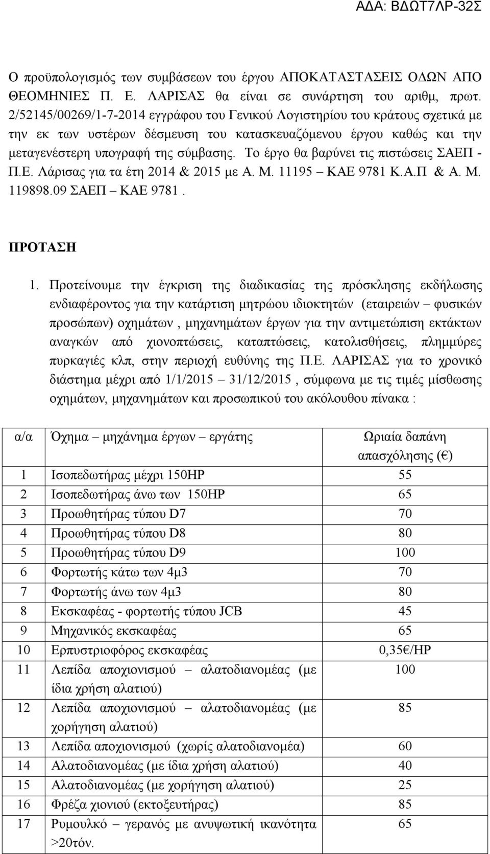 Το έργο θα βαρύνει τις πιστώσεις ΣΑΕΠ - Π.Ε. Λάρισας για τα έτη 2014 & 2015 με Α. Μ. 11195 ΚΑΕ 9781 Κ.Α.Π & Α. Μ. 119898.09 ΣΑΕΠ ΚΑΕ 9781. ΠΡΟΤΑΣΗ 1.