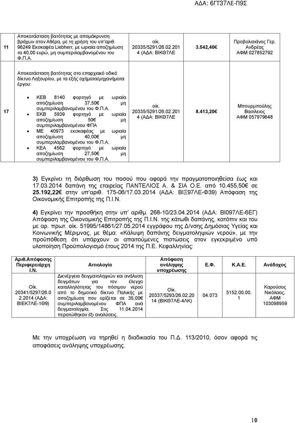 Ανδρέας 027852792 Αποκατάσταση βατότητας στο επαρχιακό οδικό δίκτυο Ληξουρίου, με τα εξής οχήματα/μηχανήματα έργου: 7 ΚΕΒ 840 φορτηγό με ωριαία αποζημίωση 37,50 μη ΕΚΒ 5939 φορτηγό με ωριαία