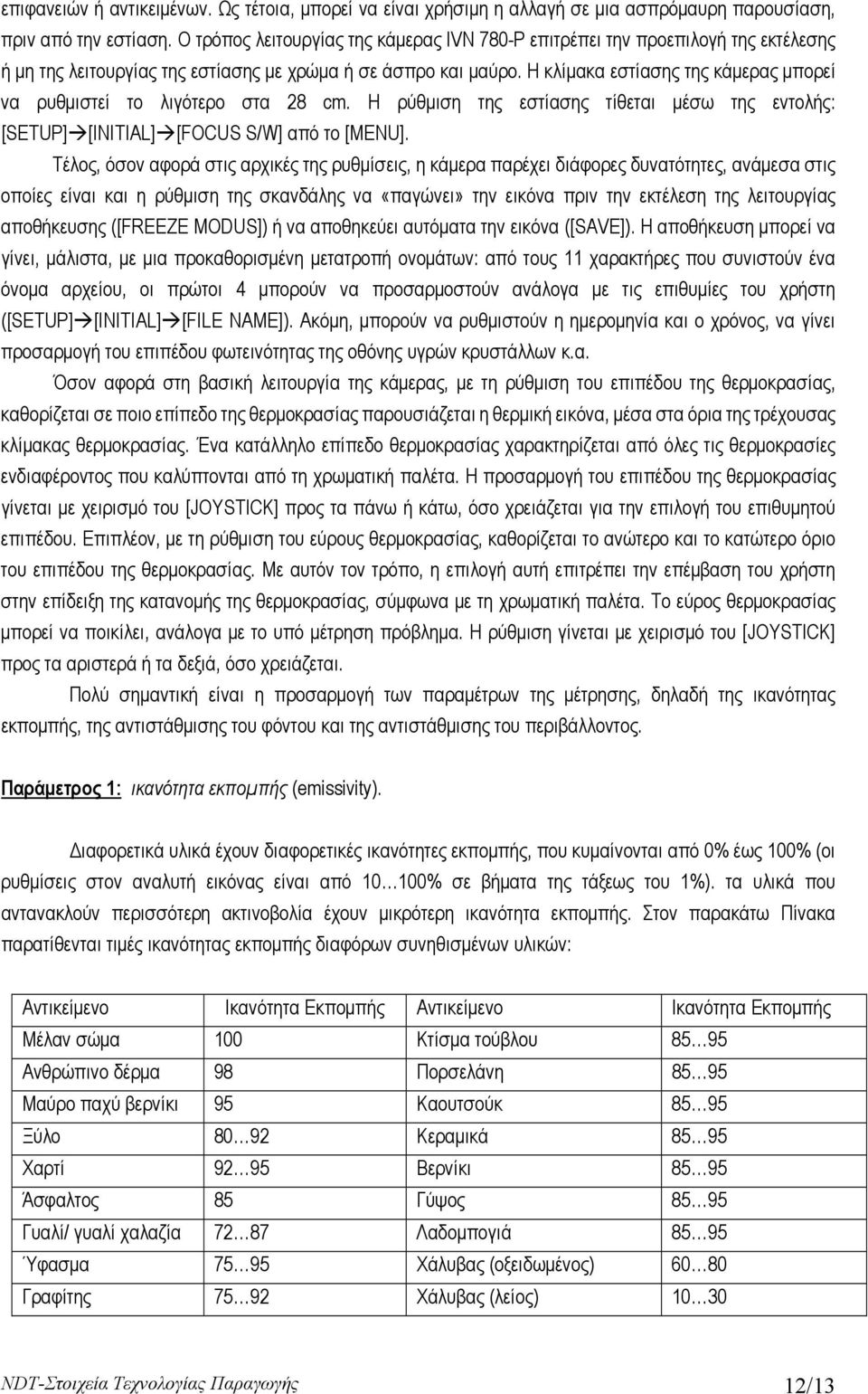 Η κλίμακα εστίασης της κάμερας μπορεί να ρυθμιστεί το λιγότερο στα 28 cm. Η ρύθμιση της εστίασης τίθεται μέσω της εντολής: [SETUP][INITIAL][FOCUS S/W] από το [MENU].