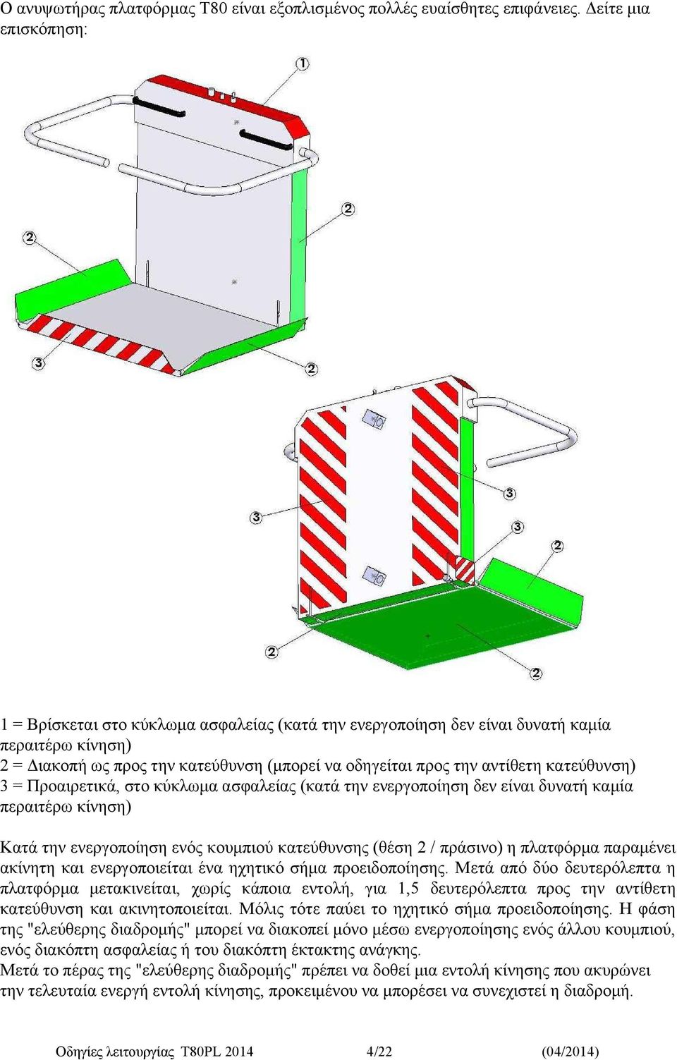 κατεύθυνση) 3 = Προαιρετικά, στο κύκλωμα ασφαλείας (κατά την ενεργοποίηση δεν είναι δυνατή καμία περαιτέρω κίνηση) Κατά την ενεργοποίηση ενός κουμπιού κατεύθυνσης (θέση 2 / πράσινο) η πλατφόρμα