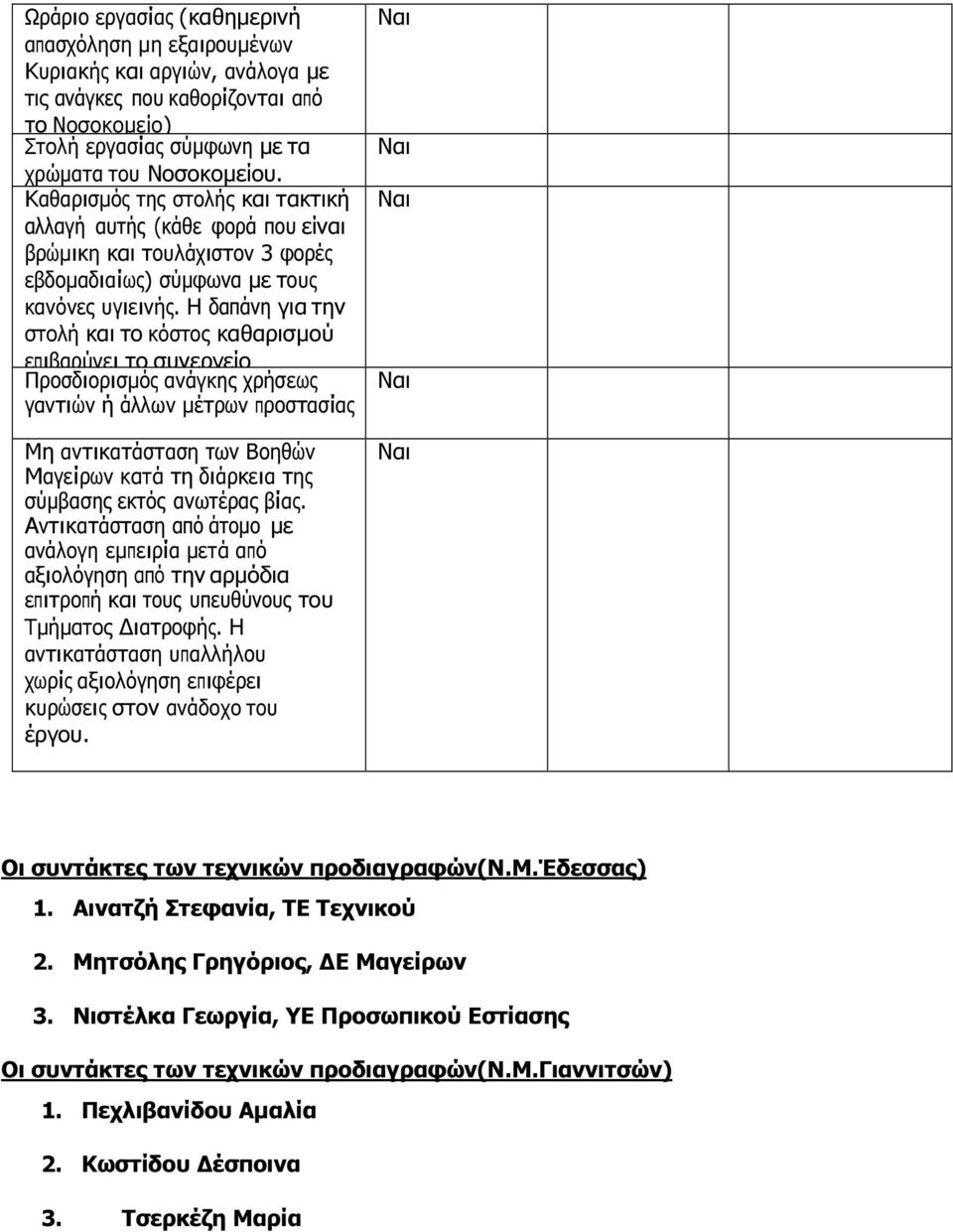 Η δαπάνη για την στολή και το κόστος καθαρισµού επιβαρύνει το συνεργείο Προσδιορισµός ανάγκης χρήσεως γαντιών ή άλλων µέτρων προστασίας Μη αντικατάσταση των Βοηθών Μαγείρων κατά τη διάρκεια της