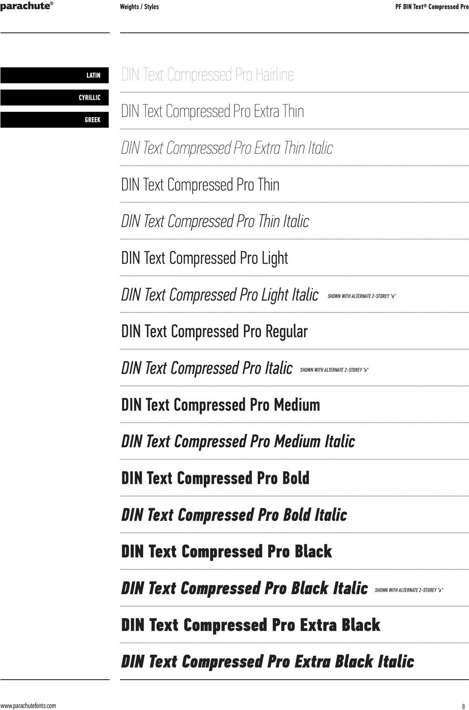 Compressed Pro Italic SHOWN WITH ALTERNATE 2-STOREY a DIN Text Compressed Pro Medium DIN Text Compressed Pro Medium Italic DIN Text Compressed Pro Bold DIN Text Compressed Pro