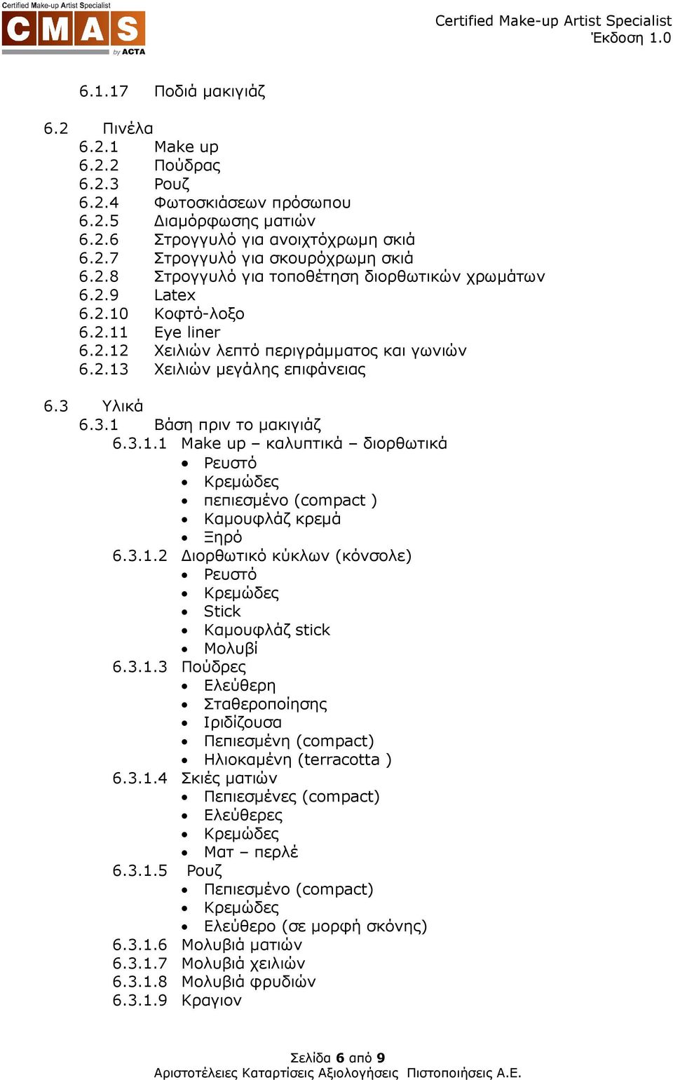 3.1.1 Make up καλυπτικά διορθωτικά Ρευστό πεπιεσµένο (compact ) Καµουφλάζ κρεµά Ξηρό 6.3.1.2 ιορθωτικό κύκλων (κόνσολε) Ρευστό Stick Καµουφλάζ stick Μολυβί 6.3.1.3 Πούδρες Ελεύθερη Σταθεροποίησης Ιριδίζουσα Πεπιεσµένη (compact) Ηλιοκαµένη (terracotta ) 6.