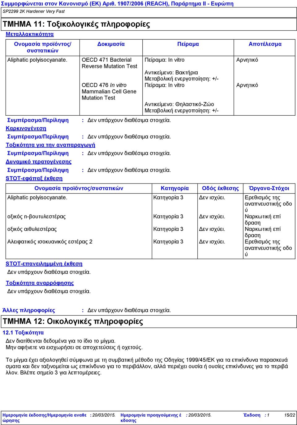 OECD 471 Bacterial Reverse Mutation Test OECD 476 In vitro Mammalian Cell Gene Mutation Test Ονομασία προϊόντος/συστατικών STOT-επανειλημμένη έκθεση Τοξικότητα αναρρόφησης Πείραμα In vitro