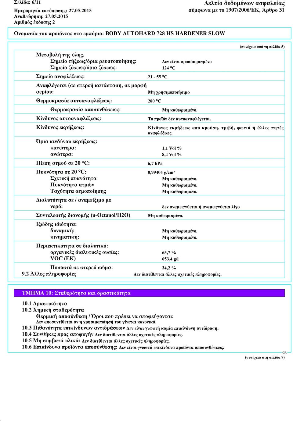 Θερμοκρασία αυτοαναφλέξεως: 280 C Θερμοκρασία αποσυνθέσεως: Κίνδυνος αυτοαναφλέξεως: Κίνδυνος εκρήξεως: Το προϊόν δεν αυτοαναφλέγεται.