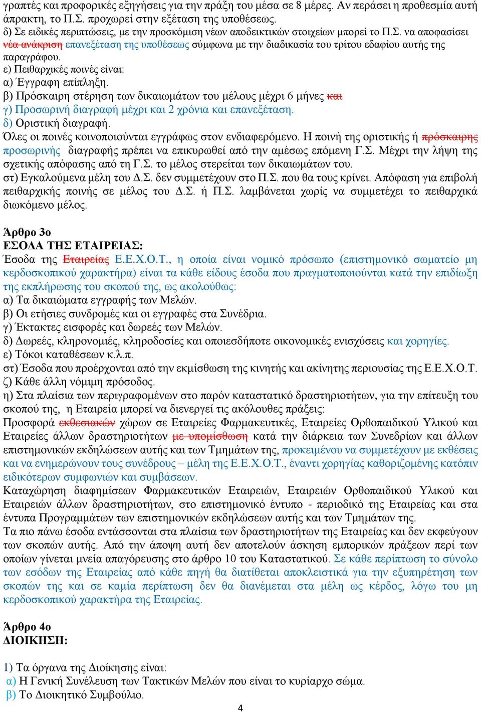 ε) Πειθαρχικές ποινές είναι: α) Έγγραφη επίπληξη. β) Πρόσκαιρη στέρηση των δικαιωμάτων του μέλους μέχρι 6 μήνες και γ) Προσωρινή διαγραφή μέχρι και 2 χρόνια και επανεξέταση. δ) Οριστική διαγραφή.