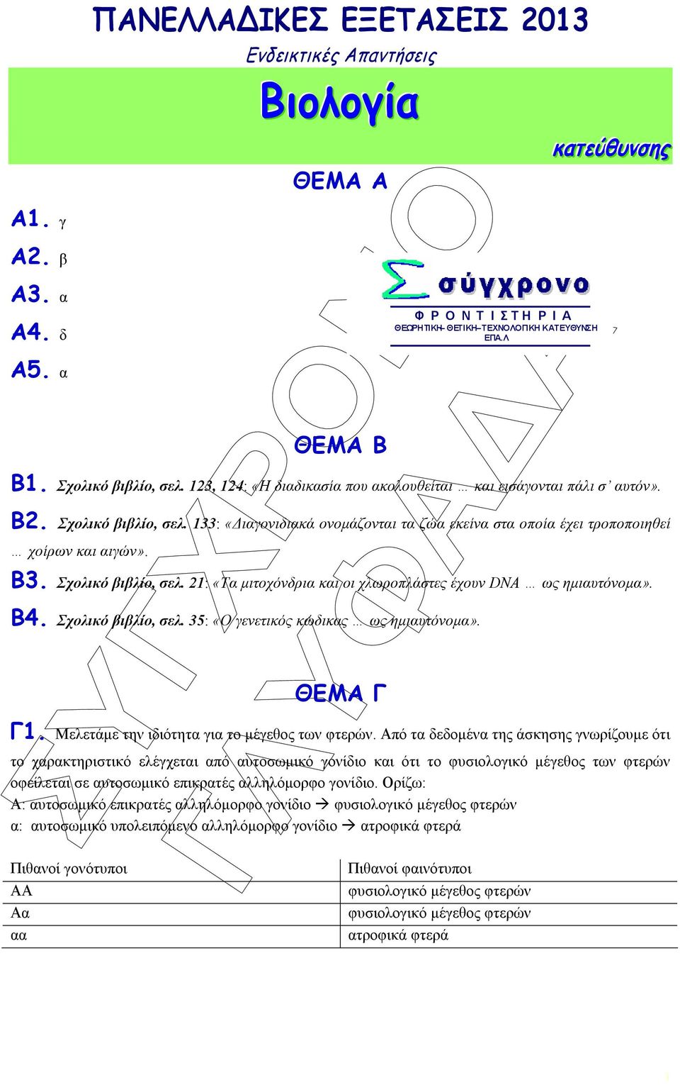 21: «Τα µιτοχόνδρια και οι χλωροπλάστες έχουν DNA ως ηµιαυτόνοµα». Β4. Σχολικό βιβλίο, σελ. 35: «Ο γενετικός κώδικας ως ηµιαυτόνοµα». ΘΕΜΑ Γ Γ1. Μελετάµε την ιδιότητα για το µέγεθος των φτερών.