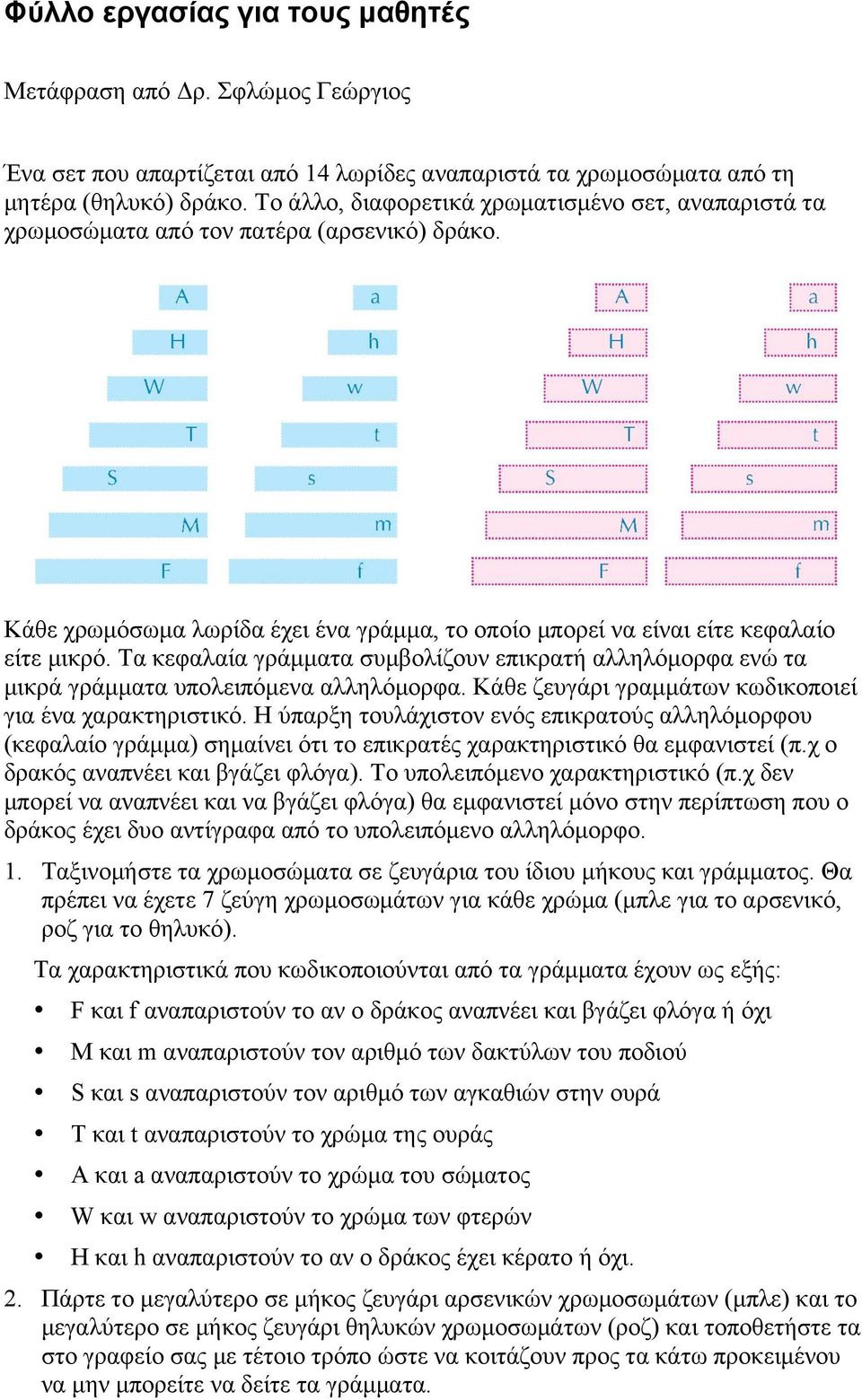 Τα κεφαλαία γράµµατα συµβολίζουν επικρατή αλληλόµορφα ενώ τα µικρά γράµµατα υπολειπόµενα αλληλόµορφα. Κάθε ζευγάρι γραµµάτων κωδικοποιεί για ένα χαρακτηριστικό.