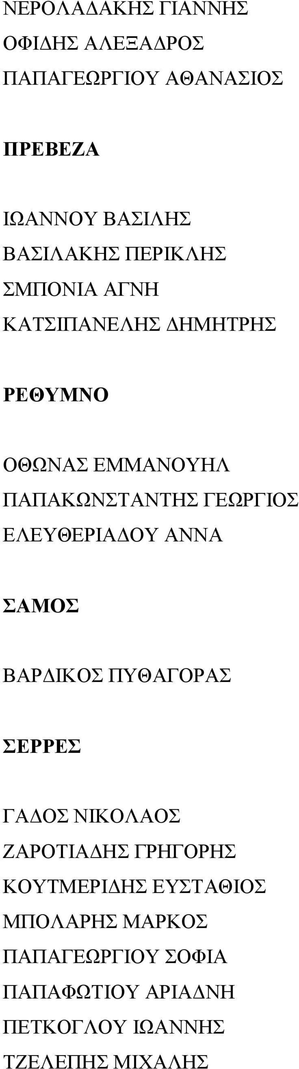 ΕΛΕΥΘΕΡΙΑ ΟΥ ΑΝΝΑ ΣΑΜΟΣ ΒΑΡ ΙΚΟΣ ΠΥΘΑΓΟΡΑΣ ΣΕΡΡΕΣ ΓΑ ΟΣ ΝΙΚΟΛΑΟΣ ΖΑΡΟΤΙΑ ΗΣ ΓΡΗΓΟΡΗΣ ΚΟΥΤΜΕΡΙ