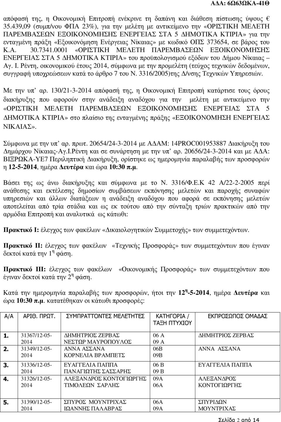 κωδικό ΟΠΣ 373654, σε βάρος του Κ.Α. 30.7341.0001 «ΟΡΙΣΤΙΚΗ ΜΕΛΕΤΗ ΠΑΡΕΜΒΑΣΕΩΝ ΕΞΟΙΚΟΝΟΜΗΣΗΣ ΕΝΕΡΓΕΙΑΣ ΣΤΑ 5 ΗΜΟΤΙΚΑ ΚΤΙΡΙΑ» του προϋπολογισµού εξόδων του ήµου Νίκαιας Αγ. Ι.