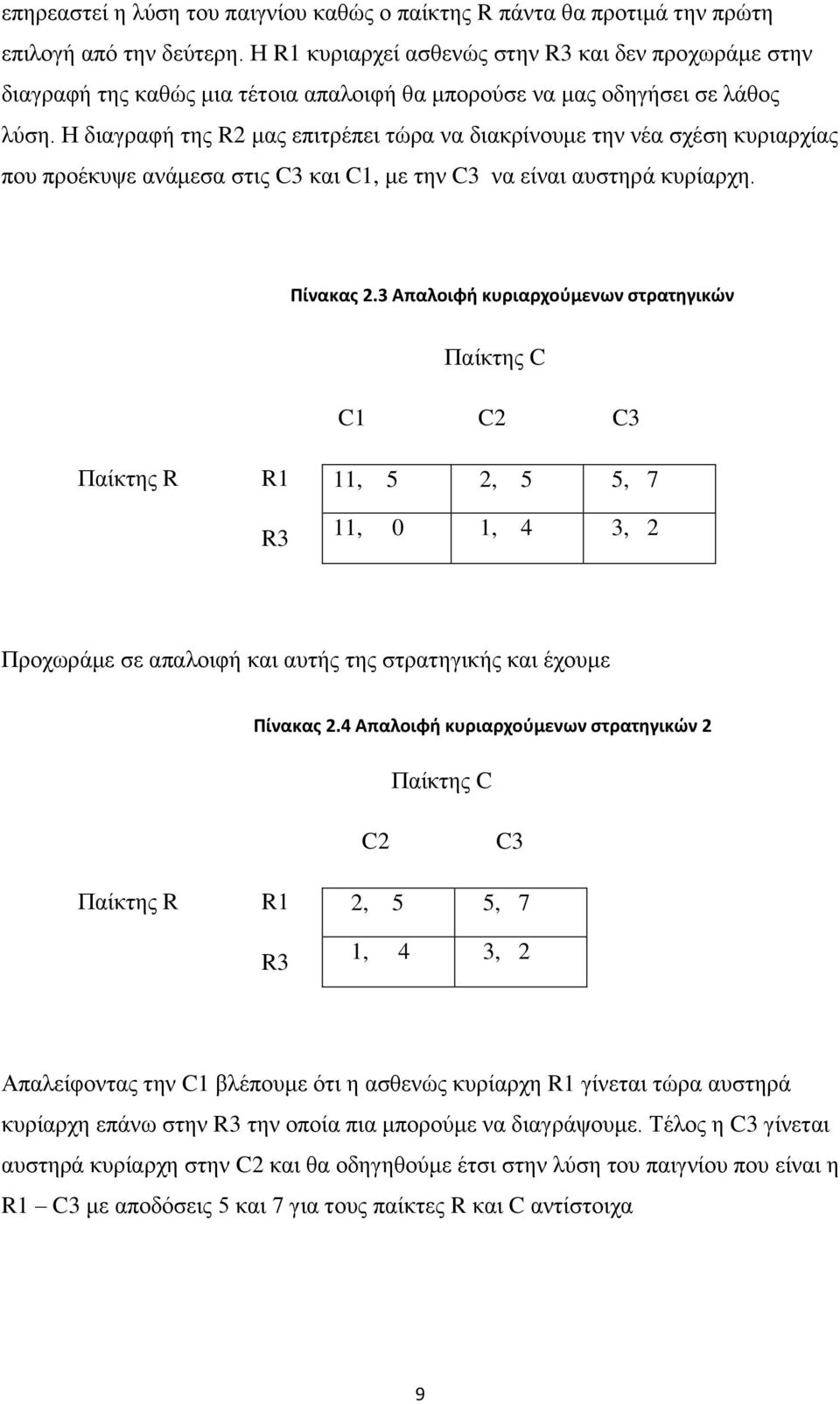 Η διαγραφή της R2 μας επιτρέπει τώρα να διακρίνουμε την νέα σχέση κυριαρχίας που προέκυψε ανάμεσα στις C3 και C1, με την C3 να είναι αυστηρά κυρίαρχη. Πίνακας 2.