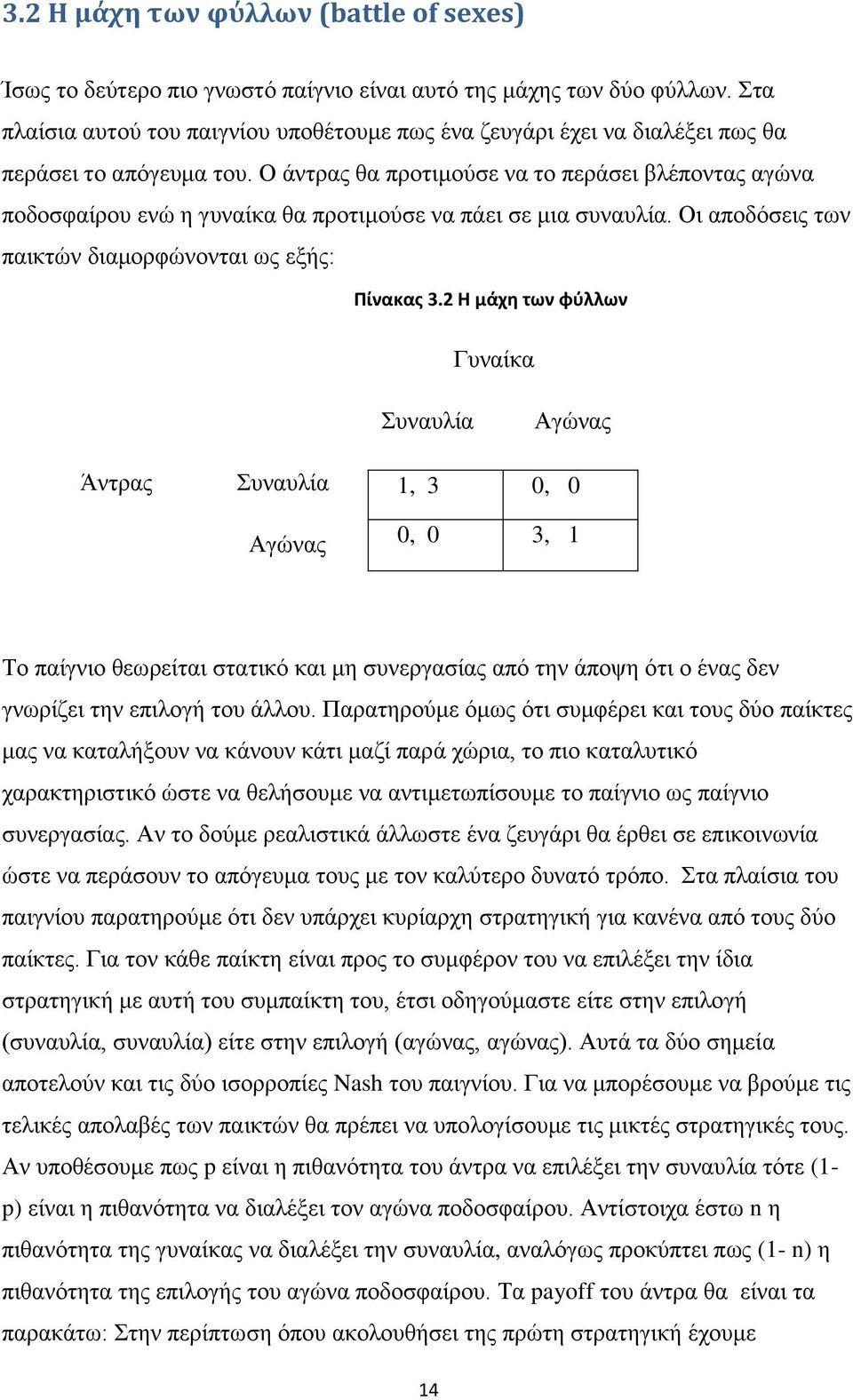 Ο άντρας θα προτιμούσε να το περάσει βλέποντας αγώνα ποδοσφαίρου ενώ η γυναίκα θα προτιμούσε να πάει σε μια συναυλία. Οι αποδόσεις των παικτών διαμορφώνονται ως εξής: Πίνακας 3.
