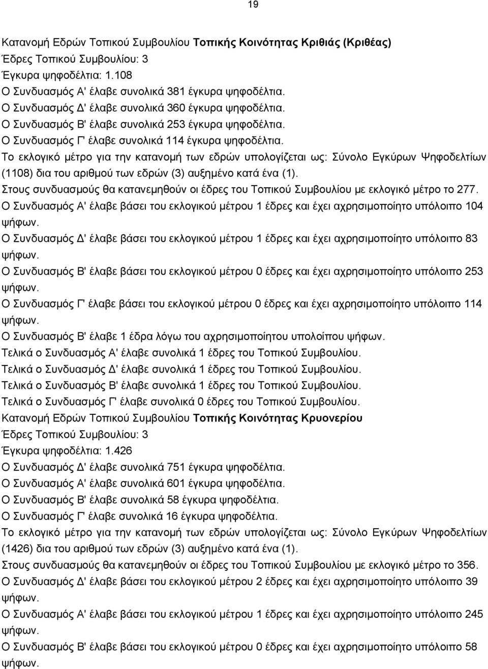 Το εκλογικό μέτρο για την κατανομή των εδρών υπολογίζεται ως: Σύνολο Εγκύρων Ψηφοδελτίων (1108) δια του αριθμού των εδρών (3) αυξημένο κατά ένα (1).