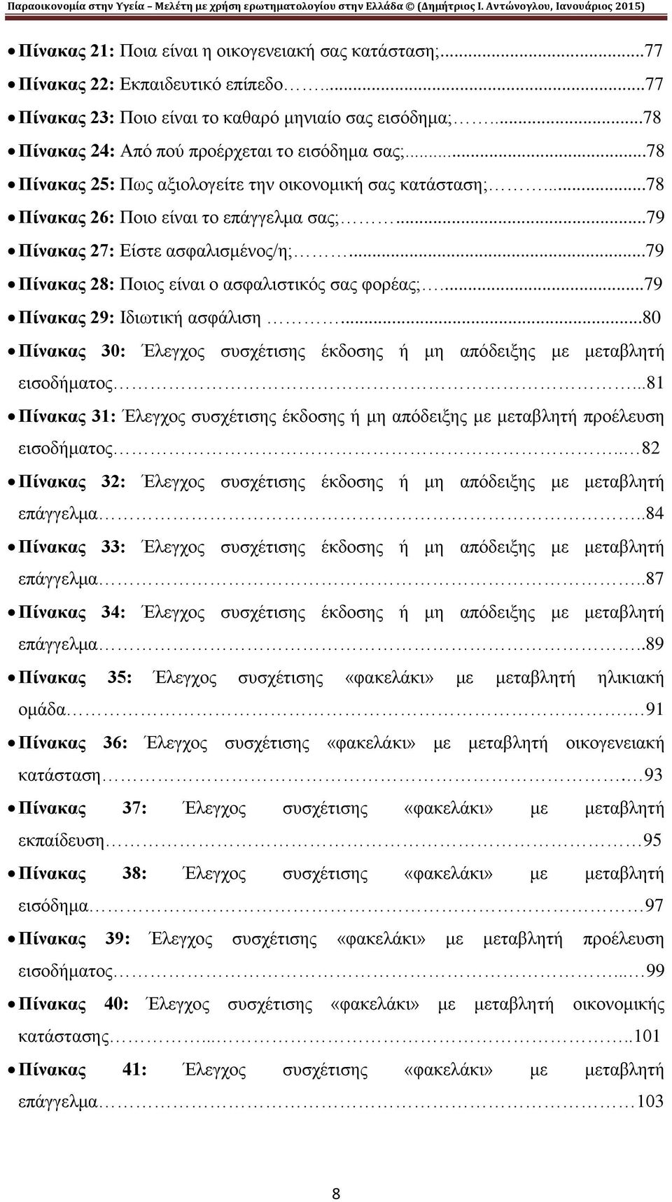 ..79 Πίνακας 28: Ποιος είναι ο ασφαλιστικός σας φορέας;...79 Πίνακας 29: Ιδιωτική ασφάλιση...80 Πίνακας 30: Έλεγχος συσχέτισης έκδοσης ή μη απόδειξης με μεταβλητή εισοδήματος.